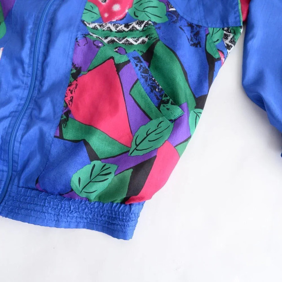 Vintage TanJay Blue Nylon Pink & Green Abstract Design Light Bomber Jacket XS - Picture 7 of 14